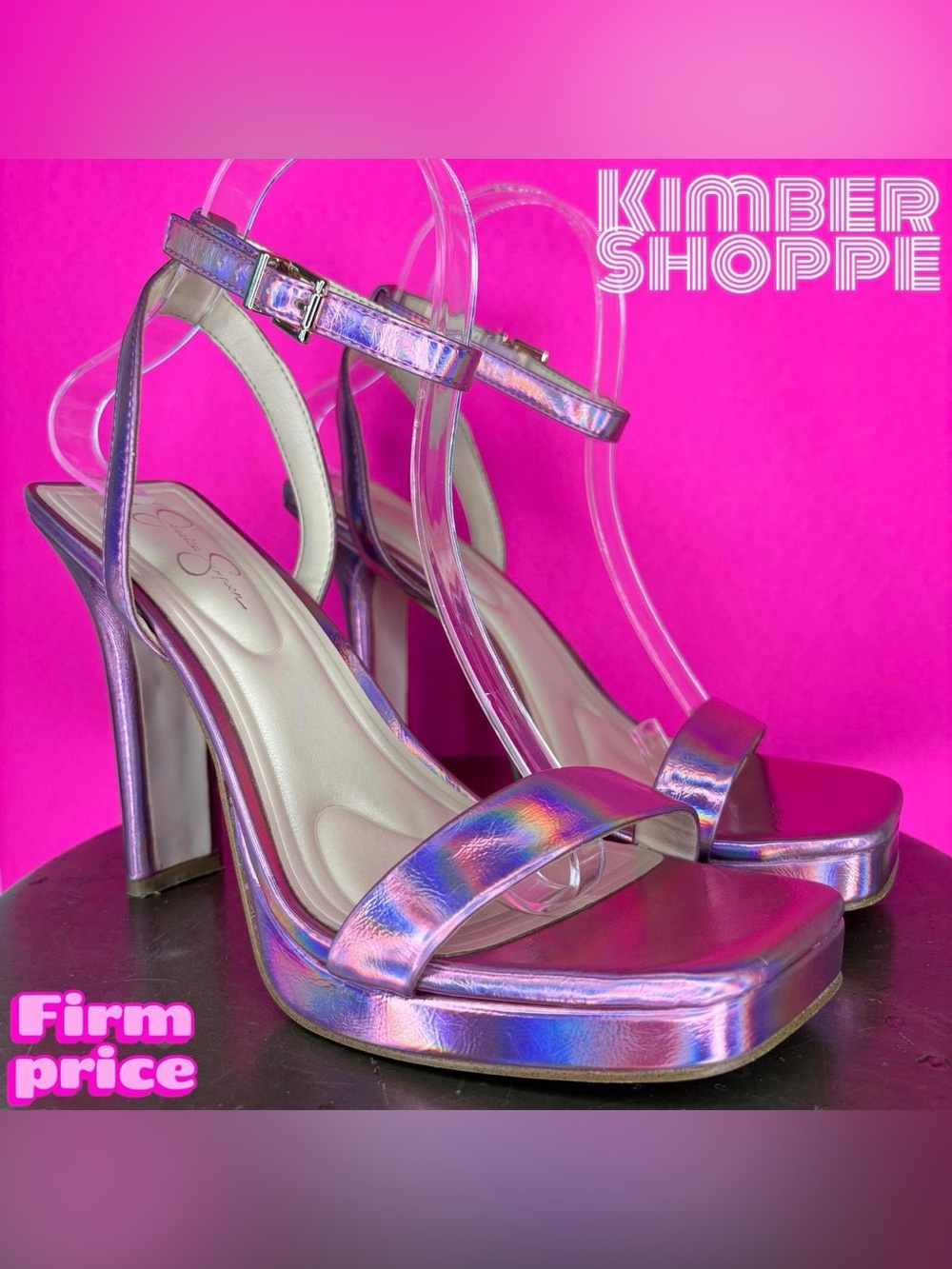 Jessica Simpson Adonia Iridescent Pink Square Toe High Heel Sandal US 7.5 UK 5